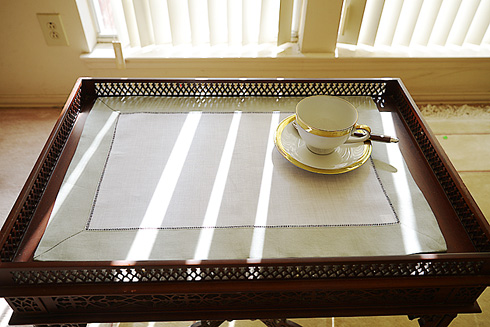 White Hemstitch Placemat 14"x20". Slate Gray Color Borders. - Click Image to Close